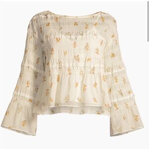 Rebecca Taylor Smocked Cotton/ lace Marigold Bell sleeve top XS
